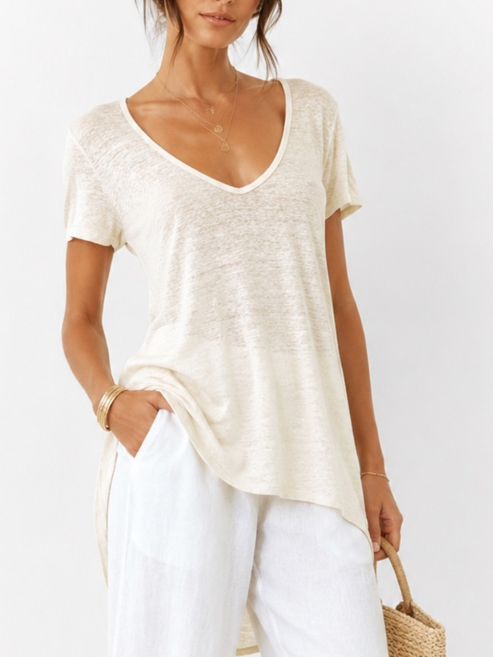 Project Social T 100% Linen Knit Neutral Cream V-neck High-Low Tunic-Tee Size S